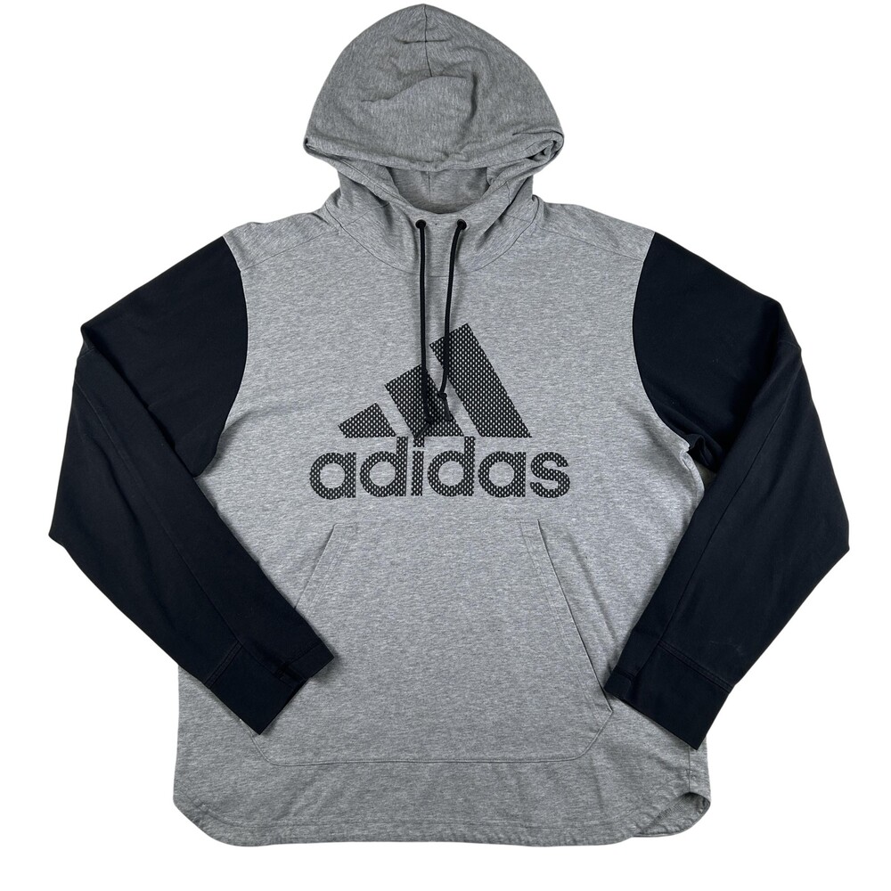 Adidas Hoodie Mens XL Gray Black Fleece Pullover Sweatshirt Big Logo BR2387